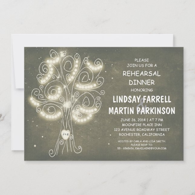 string lights tree rustic rehearsal dinner invitation (Front)