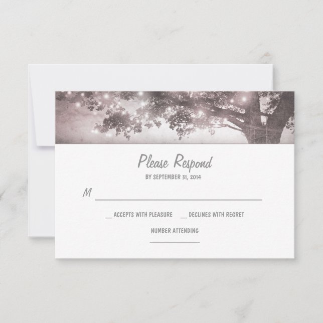 string lights tree rustic wedding RSVP card (Front)