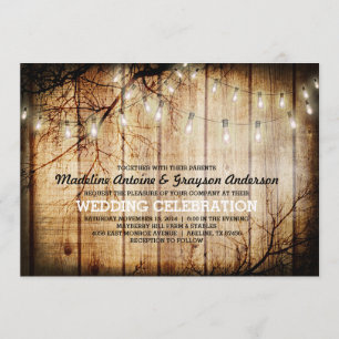 String Lights Tree Vintage Barn Wood Wedding Invitation