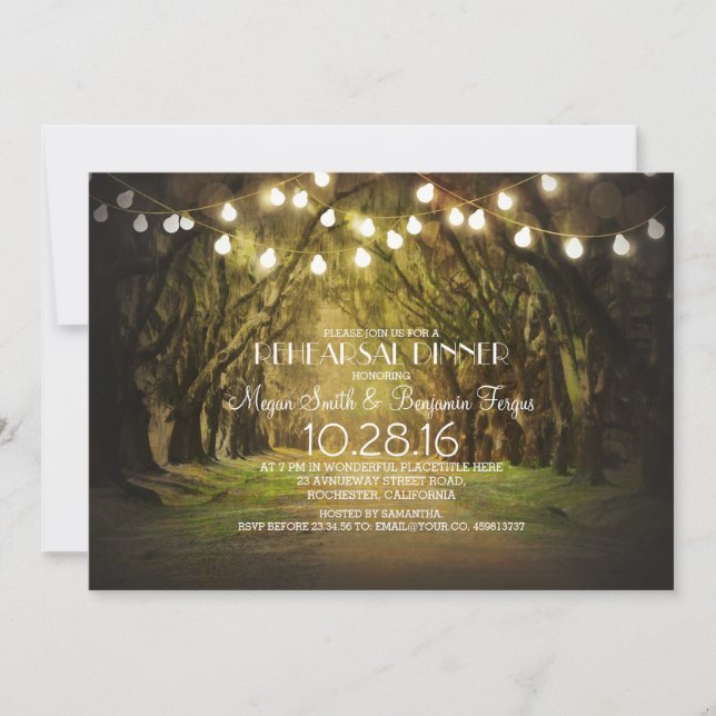 String Lights Trees Path Rustic Rehearsal Dinner Invitation (Front)