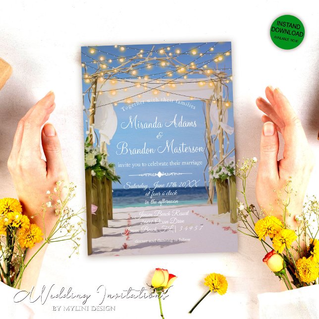 String Lights Tropical Beach Arbor Wedding Invitation (Creator Uploaded)
