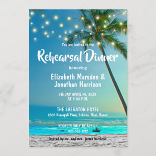 String Lights Tropical Beach Rehearsal Dinner Invitation