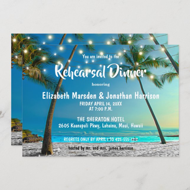 String Lights Tropical Beach Rehearsal Dinner Invitation (Front/Back)