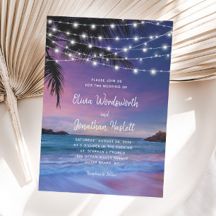 String Lights Tropical Beach Sunset Wedding Invitation