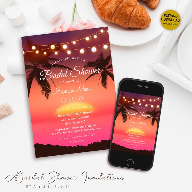 String Lights Tropical Palm Beach Bridal Shower Invitation (Creator Uploaded)