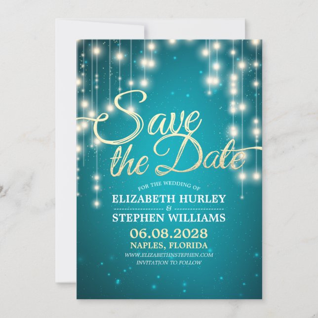 String Lights Turquoise Gold Script Save The Date (Front)