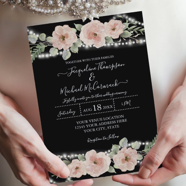 String Lights Watercolor Floral Rose Black Wedding Invitation (Creator Uploaded)