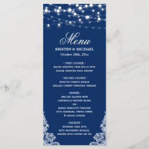 String Lights White Lace Navy Blue Wedding Menu