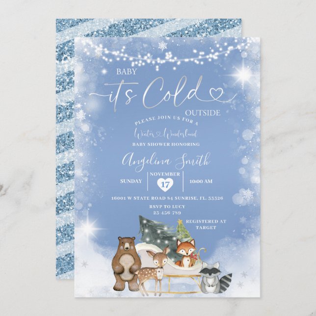  String Lights White Snowflake Tree Baby Shower Invitation (Front/Back)