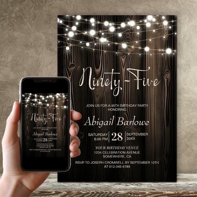 String Lights Wood 95th Birthday Invitation (Creator Uploaded)