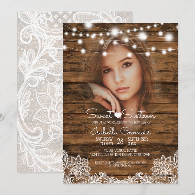 String Lights Wood and Lace Sweet 16 Party Invitation (Front/Back)