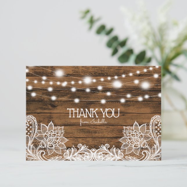 String Lights Wood and Lace Thank You Card (Standing Front)