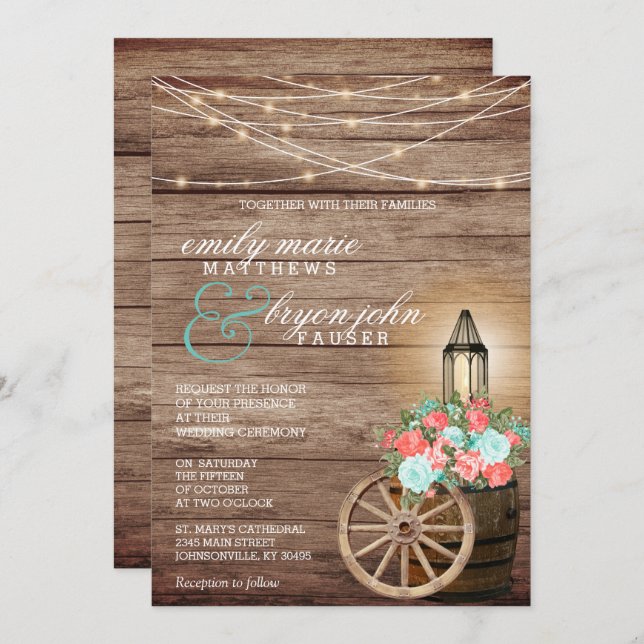String Lights, Wood Barrel and Teal, Coral Flowers Invitation (Front/Back)
