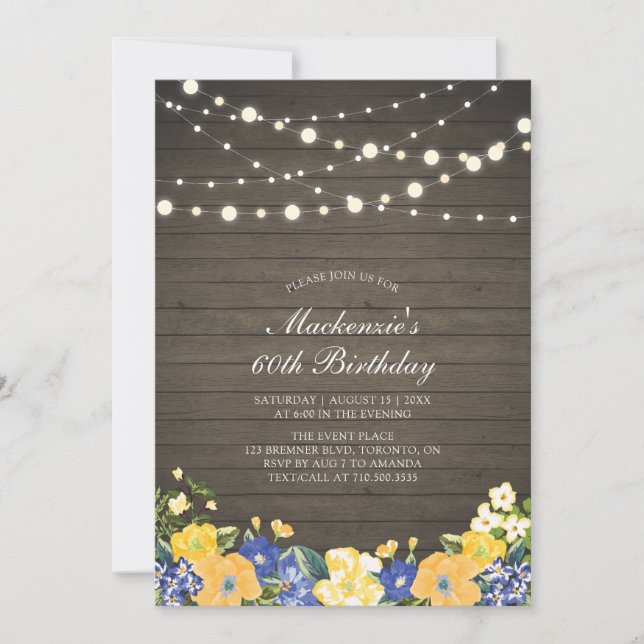 String Lights & Wood | Floral Adult Birthday Party Invitation (Front)