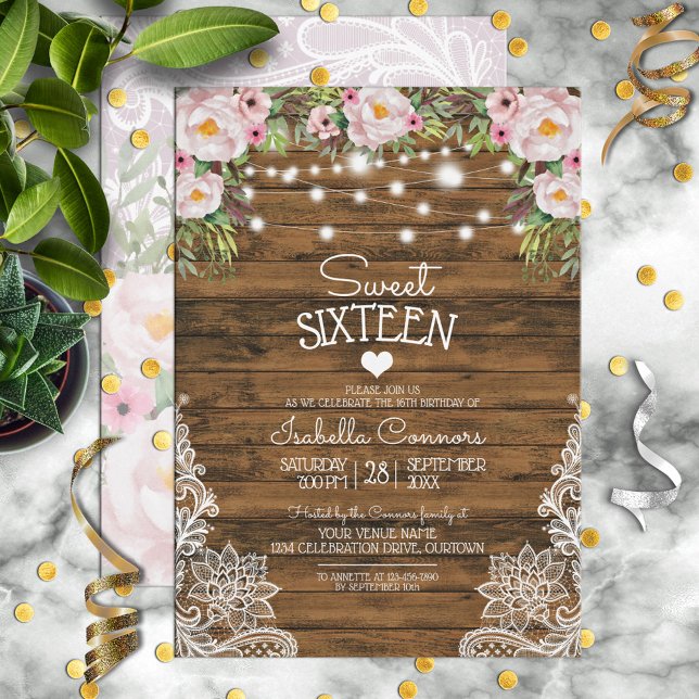 String Lights Wood Floral and Lace Sweet 16 Party Invitation (Creator Uploaded)