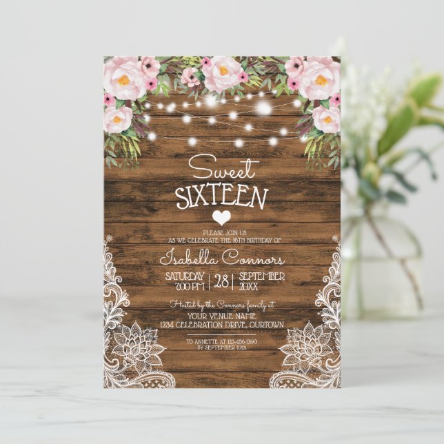 String Lights Wood Floral and Lace Sweet 16 Party Invitation (Standing Front)