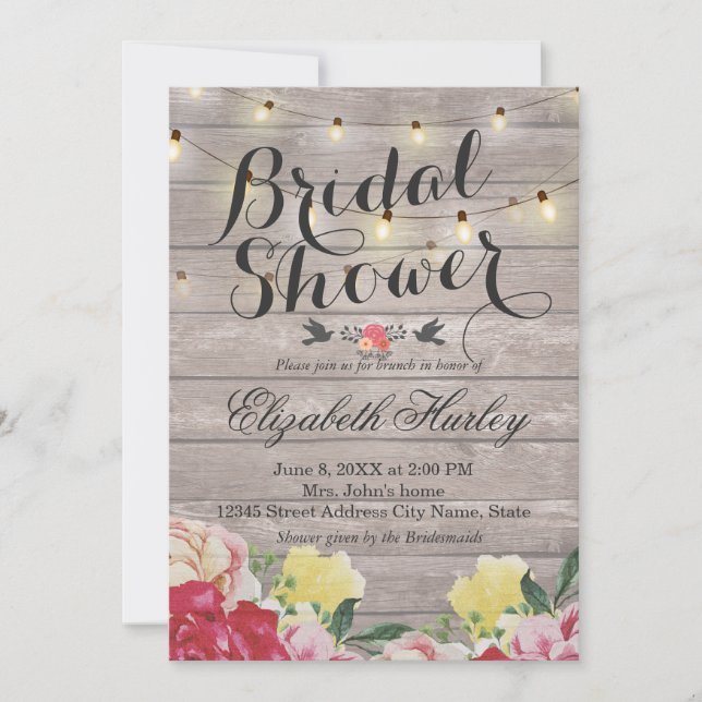String Lights & Wood Floral Bridal Shower Wedding Invitation (Front)