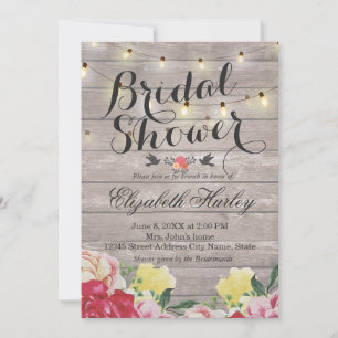 String Lights & Wood Floral Bridal Shower Wedding Invitation