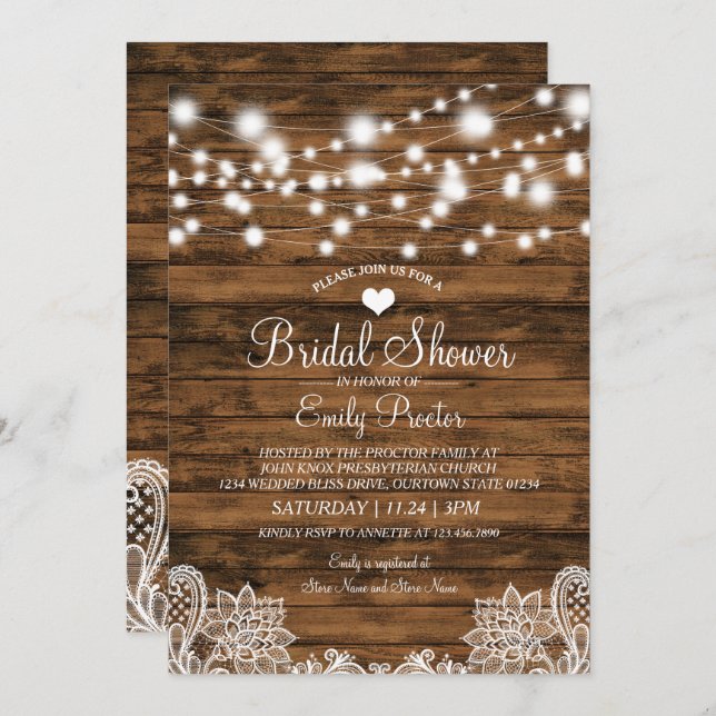 String Lights Wood & Lace Bridal Shower Invitation (Front/Back)