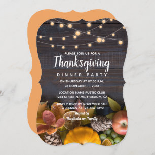 String Lights Wood Rustic Leaves Fall Thanksgiving Invitation