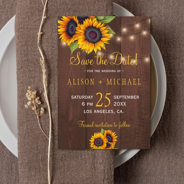 String lights wood sunflowers save date wedding save the date (Creator Uploaded)