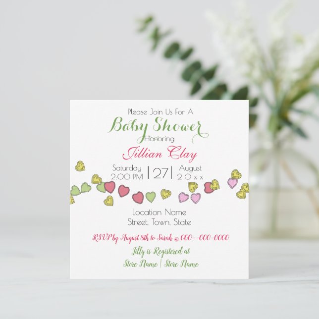 String of Hearts Cute Baby Shower Invitation (Standing Front)