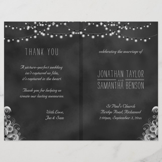 String Of Lights Black Chalkboard Wedding Programs (Front)