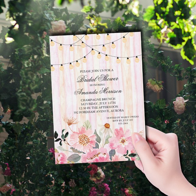 String of Lights Floral Bridal Shower Invitation (String of lights and pink garden flowers bridal shower invitations)