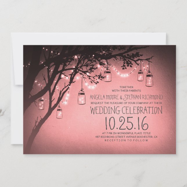 string of lights mason jars pink wedding invitation (Front)