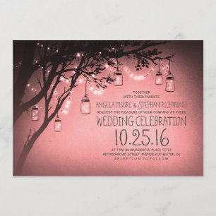 string of lights mason jars pink wedding invitation