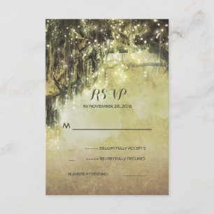 String of lights mossy tree rustic wedding RSVP