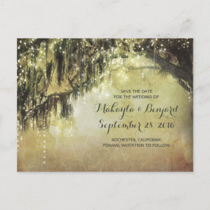 string of lights & old tree save the date postcard