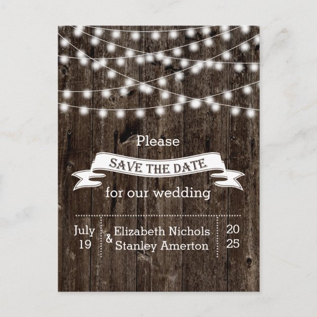 String of lights on old wood wedding Save the Date Announcement Postcard (Front)