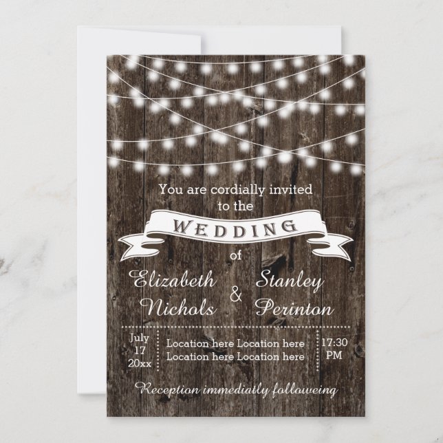 String of lights on wood and banner summer wedding invitation (Front)