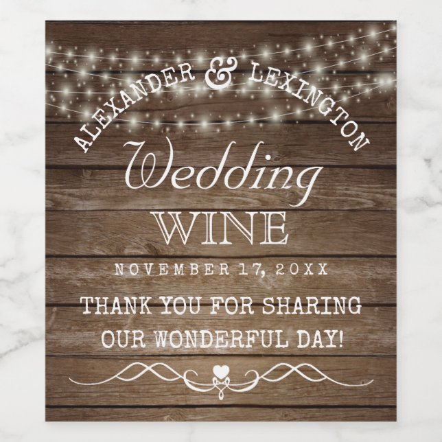 String Of Lights Rustic Country Wedding Bottle Of Wine Label (Single Label)
