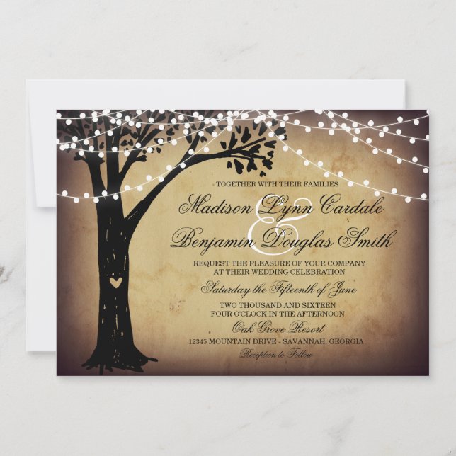 String of Lights Rustic Oak Tree Wedding Invites (Front)