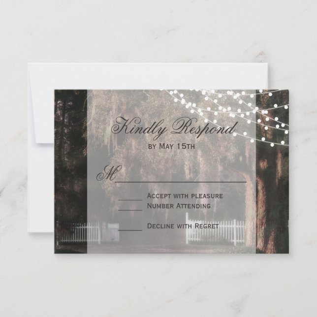 String of Lights Rustic Oak Wedding RSVP Cards (Front)