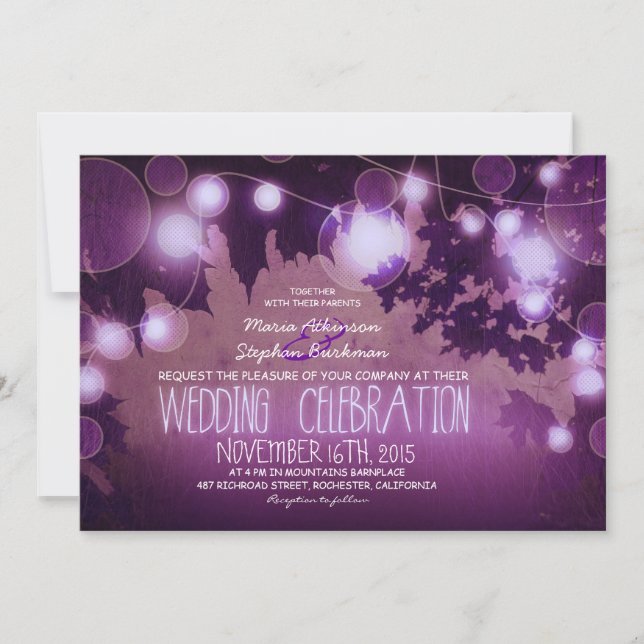 string of lights rustic purple wedding invitation (Front)