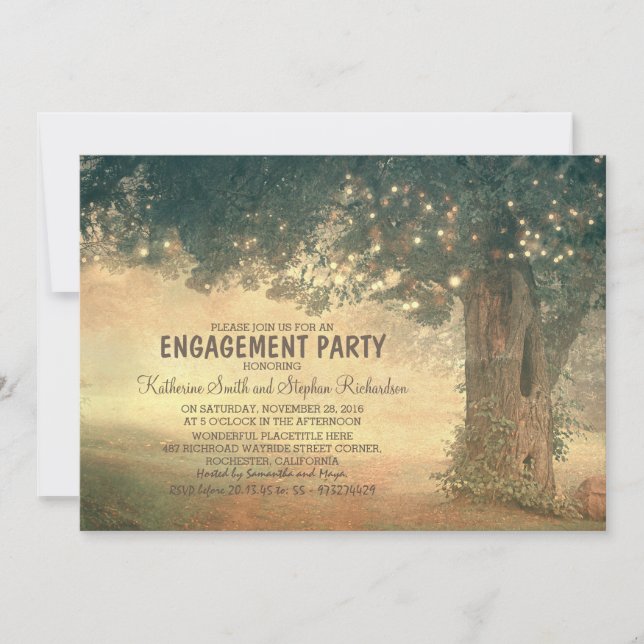 string of lights rustic tree engagement party invitation (Front)