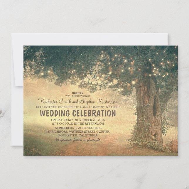 string of lights rustic tree wedding invitation (Front)