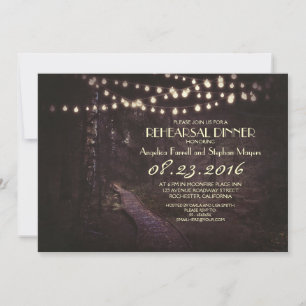 string of lights rustic trees rehearsal dinner invitation