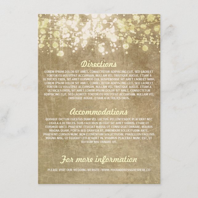 String of lights rustic wedding information cards (Front)
