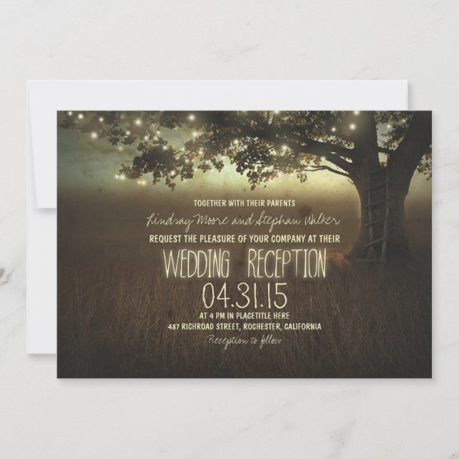 string of lights rustic wedding reception invitation (Front)