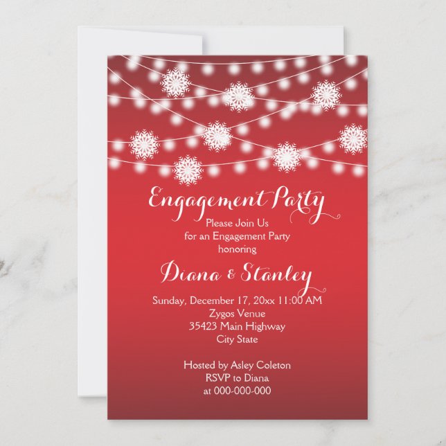 String of lights snowflakes red wedding engagement invitation (Front)