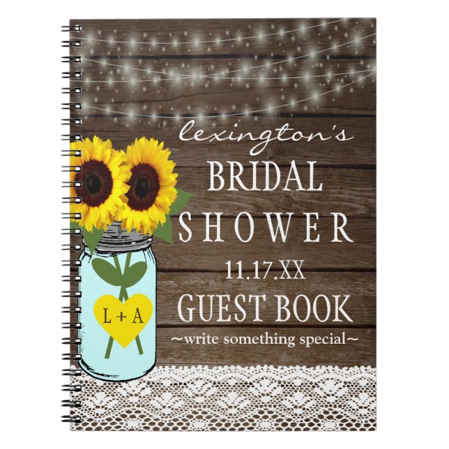 String Of Lights Sunflower Bridal Shower Guestbook Notebook (Front)