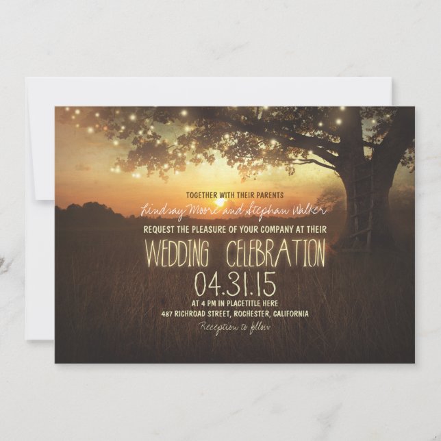 string of lights sunset tree wedding invitation (Front)