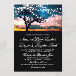 String of Lights Tree at Sunset Wedding Invitation