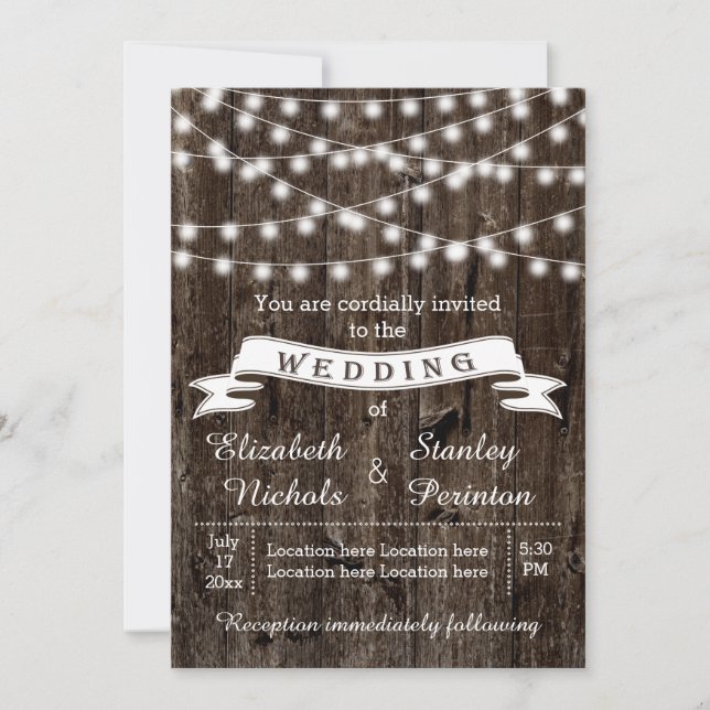 String of lights, wood and banner rustic wedding invitation (Front)
