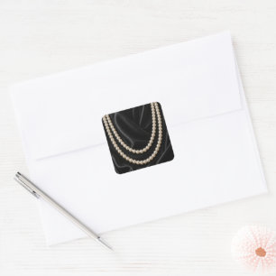 String of Pearls on Black Silk Square Sticker
