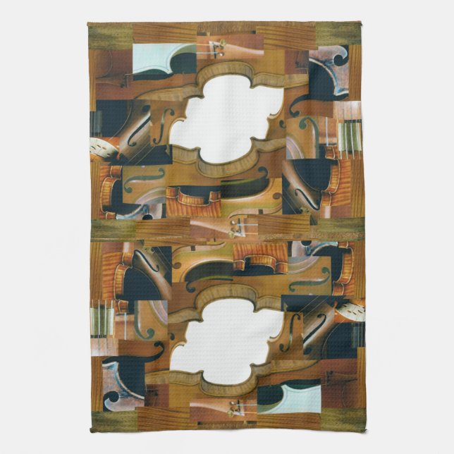Stringed Instrument Patchwork Look Collage Tea Towel (Vertical)